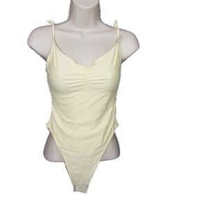 Forever 21 Small One Piece Swim Suit Pale Butter Yellow Cheeky High Rise NEW